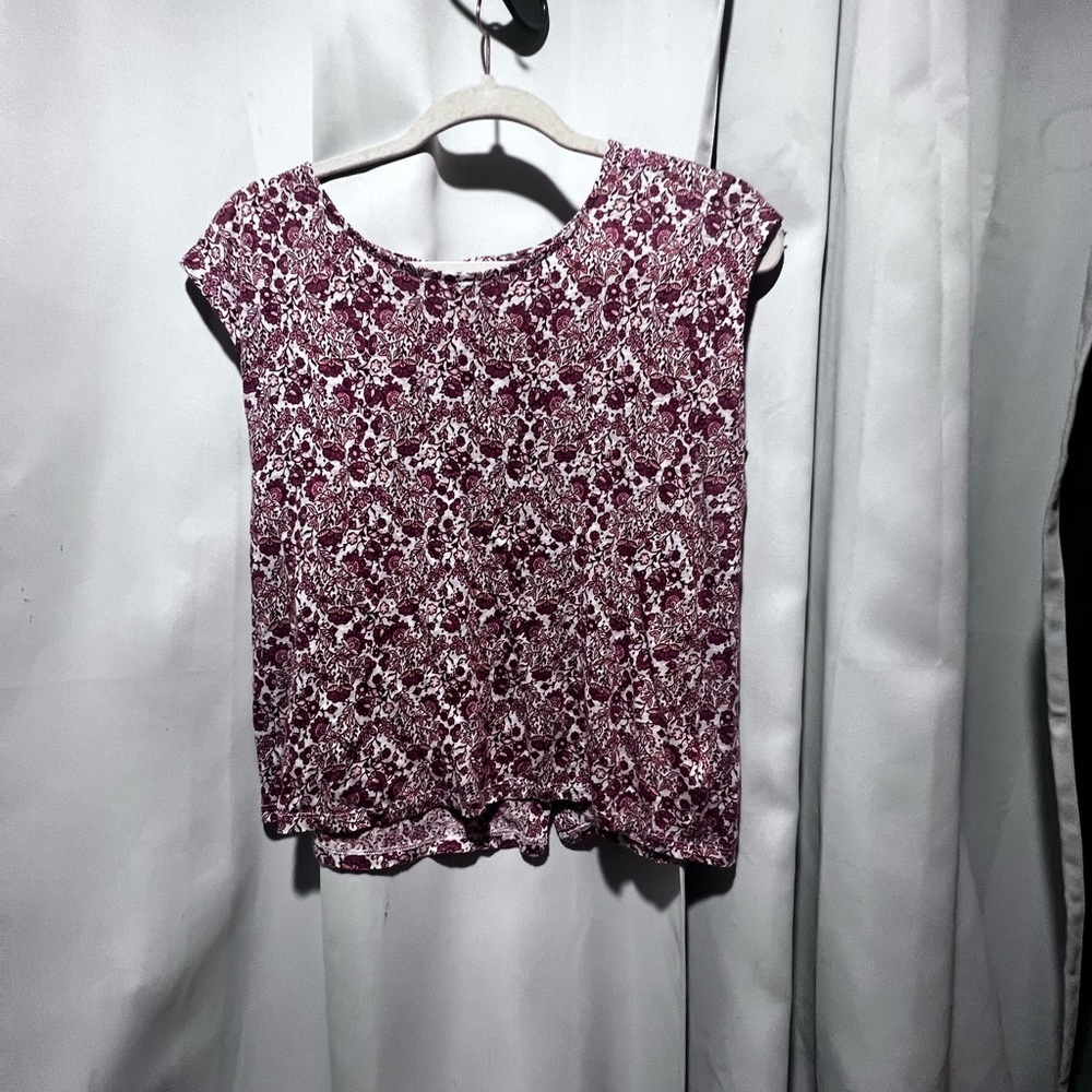 Rachel Zoe 100% Linen Floral Blouse Medium Burgundy Button Back Top - Picture 2 of 7